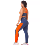 Calça Legging Liz Cós Alto e Detalhes - Azul com Laranja