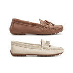 Kit 2 Mocassins Casual Feminino Em Couro Marrom + Creme