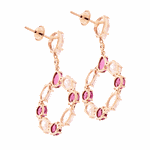 Brinco de Ouro Rosé 18K Longo Círculo Pedras Quartzo e Turmalina Rosa com Brilhantes