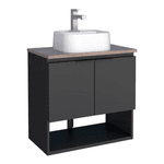 Kit Gabinete Banheiro Aço Pequi Preto 60 C/Tampo MDF + Espelheira + Cuba Branca - COZIMAX