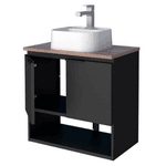 Kit Gabinete Banheiro Aço Pequi Preto 60 C/Tampo MDF + Espelheira + Cuba Branca - COZIMAX