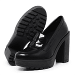 Mocassim Feminino Oxford Salto Alto Preto Verniz
