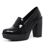 Mocassim Feminino Oxford Salto Alto Preto Verniz