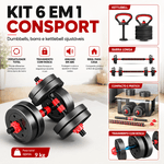 Kit Halteres Barra Anilha Peso Ajustável Dumbbells, Barras e Kettlebell Para Musculação - 6 Em 1 Consport