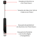 Luminária Pendente Tubo Preto Com Cristal Cilindro Luxo Moderno 8015