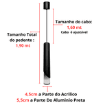 Luminária Pendente Tubo Preto Com Cristal Cilindro Luxo Moderno 8015