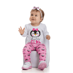 Conjunto bebê blusa branca pinguim e calça legging rosa estampada 