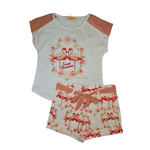 Conjunto Blusa Branca Flamingos e Short Com Faixa Estampado Kiki e Mily