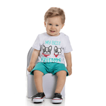 Conjunto bebê camiseta branca cachorro e short verde água 