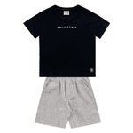 Conjunto camiseta preta California e bermuda cinza listras Fakini 