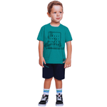 Conjunto camiseta verde água coqueiros e bermuda azul marinho Fakini 