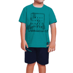 Conjunto camiseta verde água coqueiros e bermuda azul marinho Fakini 