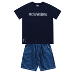 Conjunto camiseta azul marinho e bermuda jeans Fakini 