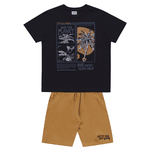 Conjunto camiseta preta estampada e bermuda bengaline caqui Fakini 