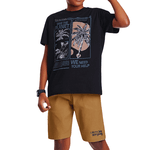 Conjunto camiseta preta estampada e bermuda bengaline caqui Fakini 