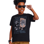 Conjunto camiseta preta estampada e bermuda bengaline caqui Fakini 