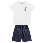 Conjunto camiseta branca summer e bermuda azul marinho Fakini 