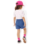 Conjunto blusa branca corações e short saia azul tipo jeans Fakini Playground
