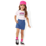 Conjunto blusa branca corações e short saia azul tipo jeans Fakini Playground