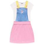 Salopete tricolor rosa azul e amarelo e blusa branca Fakini