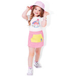 Conjunto blusa branca arco irís e short saia rosa Fakini