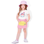 Conjunto blusa branca arco irís e short saia rosa Fakini