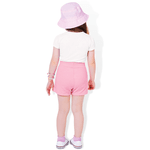 Conjunto blusa branca arco irís e short saia rosa Fakini
