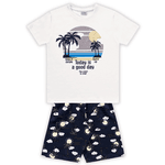 Conjunto camiseta branca praia e bermuda azul marinho estampada Fakini