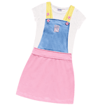 Salopete tricolor rosa azul e amarelo e blusa branca Fakini