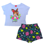 Conjunto cropped branco cervo e short chumbo floral Kyly