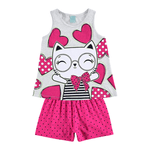 Pijama regata mescla white gatinha e short pink poá brilha no escuro Kyly