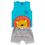 Conjunto regata azul leão e bermuda cinza mescla Kiko e Kika 