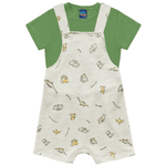 Jardineira bebê mescla dinossauro e camiseta verde Kiko e Kika 