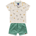Conjunto bebê camisa polo mescla dinossauro e bermuda verde Kiko e Kika 