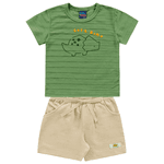 Conjunto bebê camiseta verde dinossauro e bermuda bege Kiko e Kika 