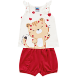 Conjunto bebê blusa off white gatinho e short vermelho Kiko e Kika 