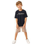 Conjunto camiseta preta marine e bermuda listras caramelo Kiko e Kika 