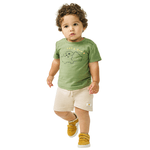 Conjunto bebê camiseta verde dinossauro e bermuda bege Kiko e Kika 