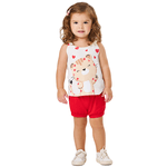 Conjunto bebê blusa off white gatinho e short vermelho Kiko e Kika 