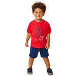 Conjunto camiseta vermelha barco e bermuda azul marinho Kiko e Kika 