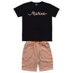 Conjunto camiseta preta marine e bermuda listras caramelo Kiko e Kika 