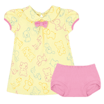 Vestido bebê amarelo bichinhos e tapa fralda rosa Kiko Baby 