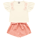 Conjunto blusa off white e short laço coral Kiko e Kika 