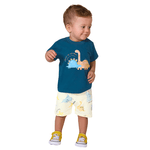 Conjunto bebê camiseta azul mediterrâneo e bermuda off white dinossauros Kiko e Kika 