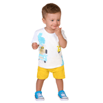 Conjunto bebê camiseta branca bichinhos e bermuda amarela Kiko e Kika 