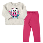 Conjunto blusa moletom mescla panda e legging rosa peluciada Marlan 