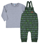 Jardineira felpada adventure verde militar e camiseta manga longa mescla Marlan 