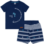 Conjunto camiseta azul marinho paradise e bermuda azul listras Marlan
