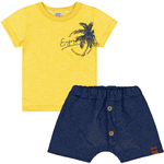 Conjunto bebê camiseta amarela estampada e bermuda azul marinho Marlan