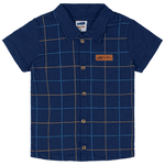 Conjunto camisa azul marinho xadrez e bermuda sarja caramelo Marlan